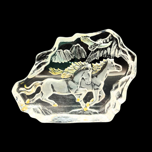 Running Horses Lead Crystal Iceberg Paperweight Western Mountain Scene with Gold Tone Highlights