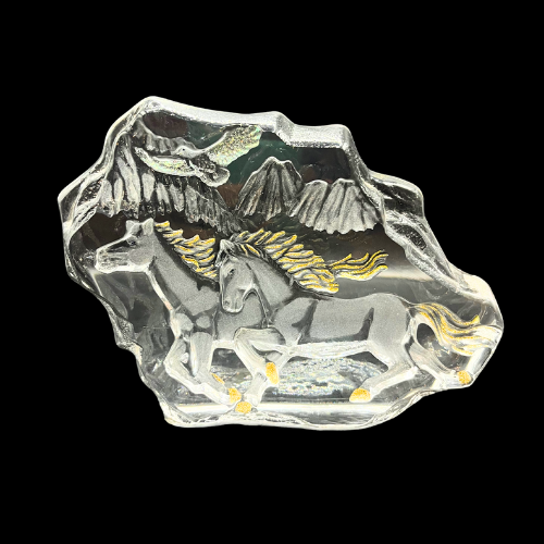 Running Horses Lead Crystal Iceberg Paperweight Western Mountain Scene with Gold Tone Highlights