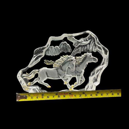 Running Horses Lead Crystal Iceberg Paperweight Western Mountain Scene with Gold Tone Highlights