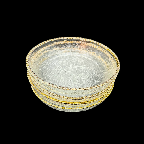 MCM Jeannette Glass Harp Ashtrays/ Coasters Gold Tone Beaded 1950s Set of 4