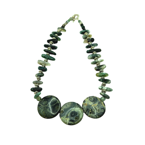 * Kambamba Jasper, Moss Agate Gemstone Necklace with Toggle Feather Sliver Tone Floral Clasp