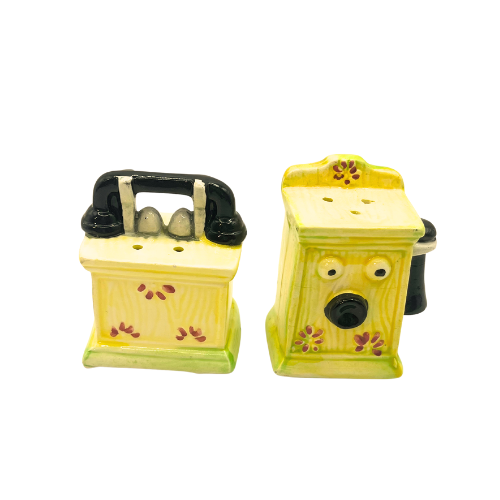 Vintage Yellow Old Fashion Crank Telephone Ceramic Salt & Pepper Shakers