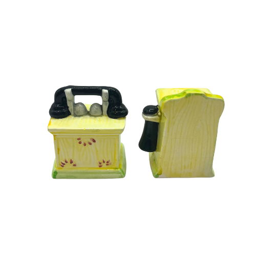Vintage Yellow Old Fashion Crank Telephone Ceramic Salt & Pepper Shakers