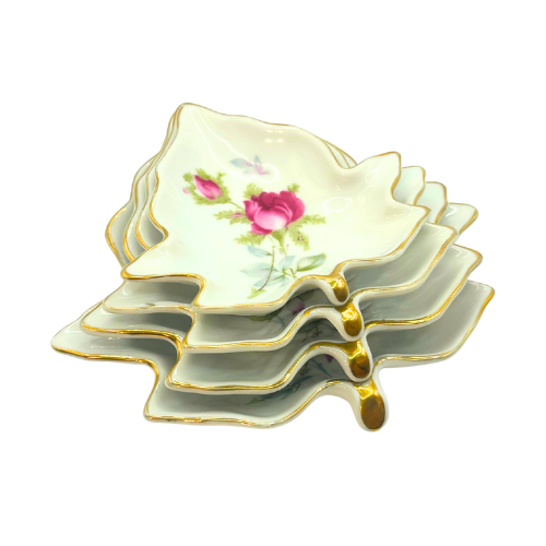 Vintage Lefton Stackable Ash Trays / Trinket Dishes  Leaf Shaped w. Rose Flowers Set of 4