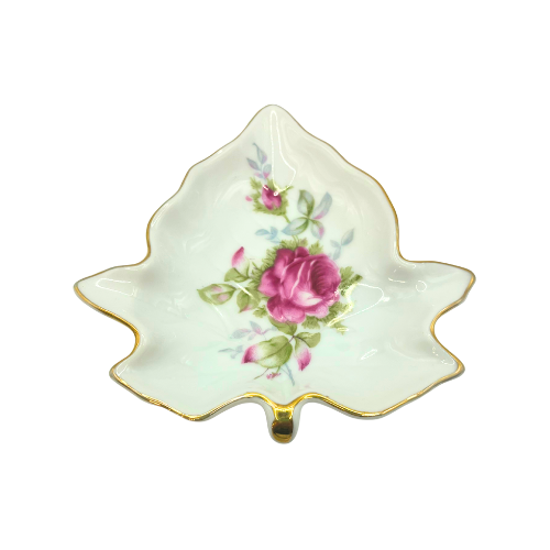 Vintage Lefton Stackable Ash Trays / Trinket Dishes  Leaf Shaped w. Rose Flowers Set of 4