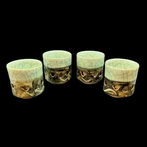 MCM Somayaki Double Wall Tea Cups Crackle Glaze, Gold Horse Motif Heart Cutouts