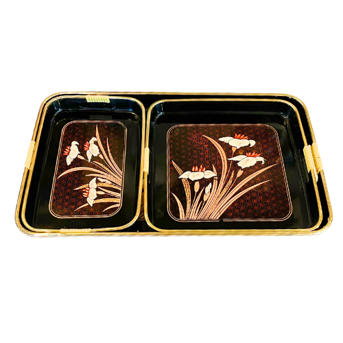 MCM Japanese Lacquer 3 Piece Nesting Serving Tray Set Black Gold Red White Iris Floral Design