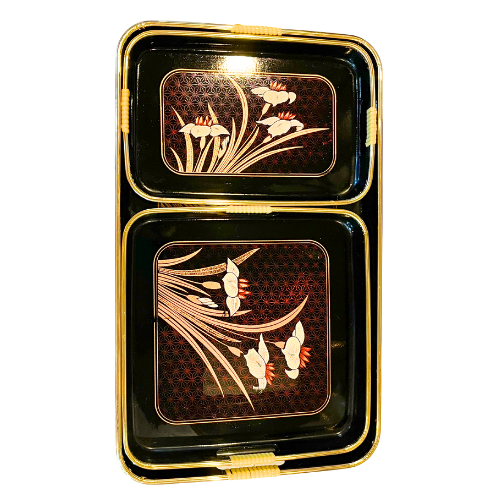MCM Japanese Lacquer 3 Piece Nesting Serving Tray Set Black Gold Red White Iris Floral Design