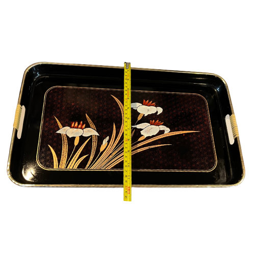 MCM Japanese Lacquer 3 Piece Nesting Serving Tray Set Black Gold Red White Iris Floral Design