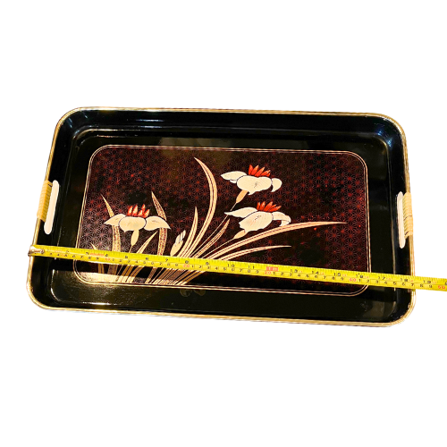 MCM Japanese Lacquer 3 Piece Nesting Serving Tray Set Black Gold Red White Iris Floral Design