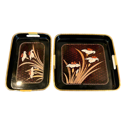 MCM Japanese Lacquer 3 Piece Nesting Serving Tray Set Black Gold Red White Iris Floral Design