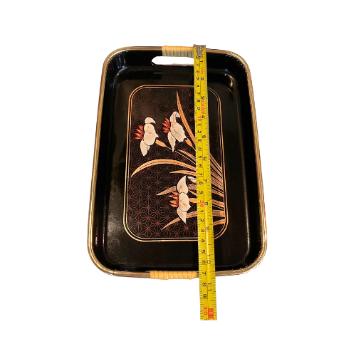MCM Japanese Lacquer 3 Piece Nesting Serving Tray Set Black Gold Red White Iris Floral Design