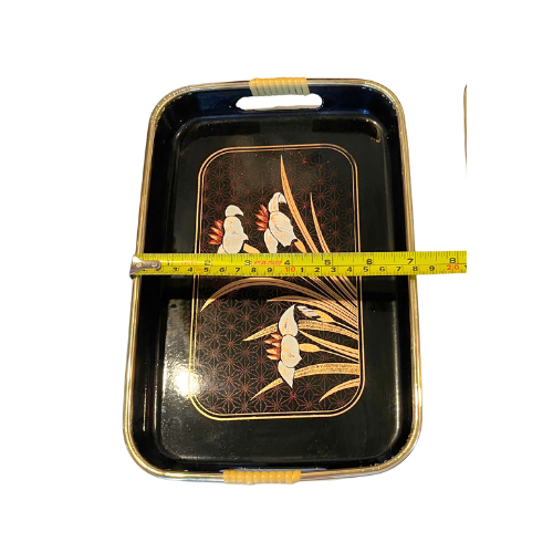 MCM Japanese Lacquer 3 Piece Nesting Serving Tray Set Black Gold Red White Iris Floral Design