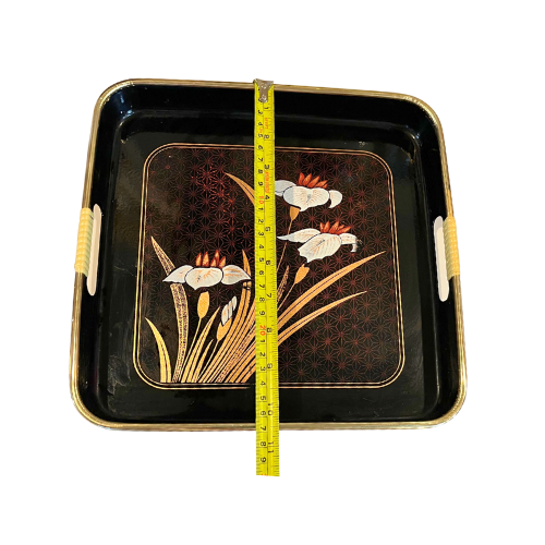 MCM Japanese Lacquer 3 Piece Nesting Serving Tray Set Black Gold Red White Iris Floral Design