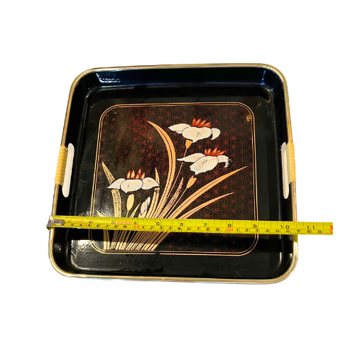 MCM Japanese Lacquer 3 Piece Nesting Serving Tray Set Black Gold Red White Iris Floral Design