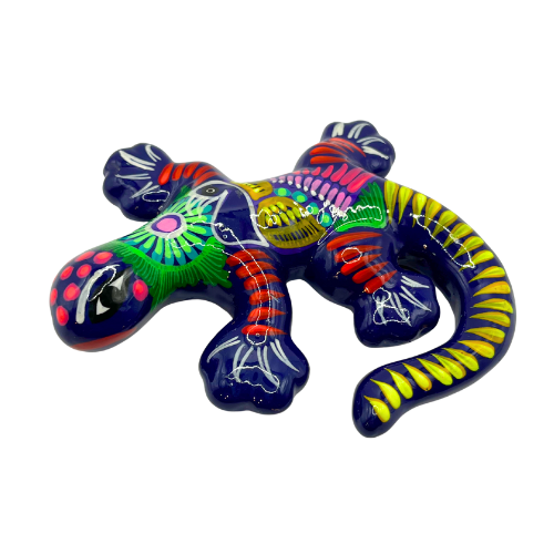 Hand Painted Tonala Mexico Ceramic Gecko Lizard  Navy Blue Figurine with Bright Accents
