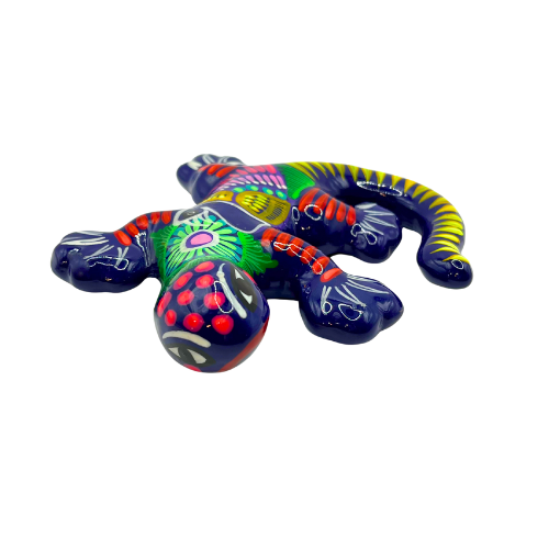 Hand Painted Tonala Mexico Ceramic Gecko Lizard  Navy Blue Figurine with Bright Accents