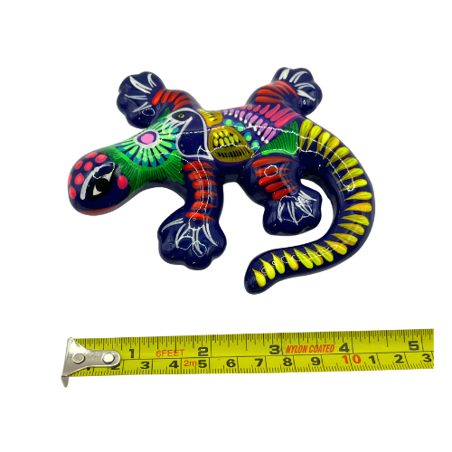 Hand Painted Tonala Mexico Ceramic Gecko Lizard  Navy Blue Figurine with Bright Accents