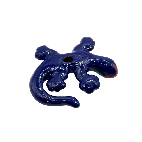Hand Painted Tonala Mexico Ceramic Gecko Lizard  Navy Blue Figurine with Bright Accents