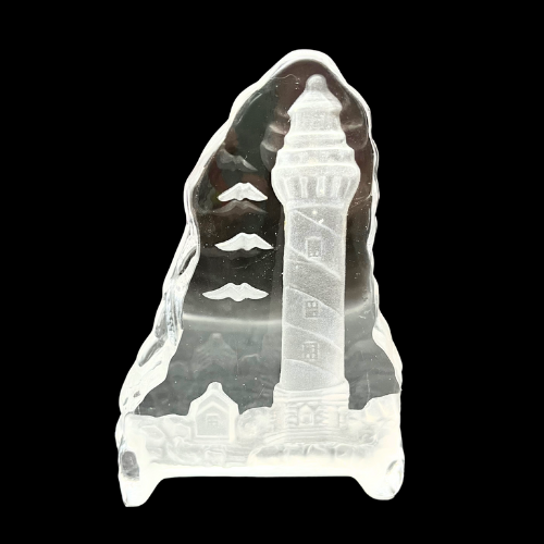 Lighthouse Seashore Frosted Glass Sculpture Nautical Beach Core Paperweight 6” by 4"