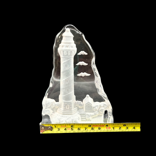 Lighthouse Seashore Frosted Glass Sculpture Nautical Beach Core Paperweight 6” by 4"