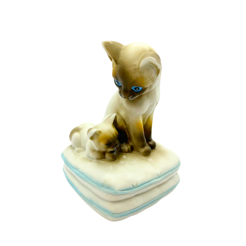 Vintage Siamese Cat and Kitten Music Box Mann Porcelain Figurines Sitting on Pillow