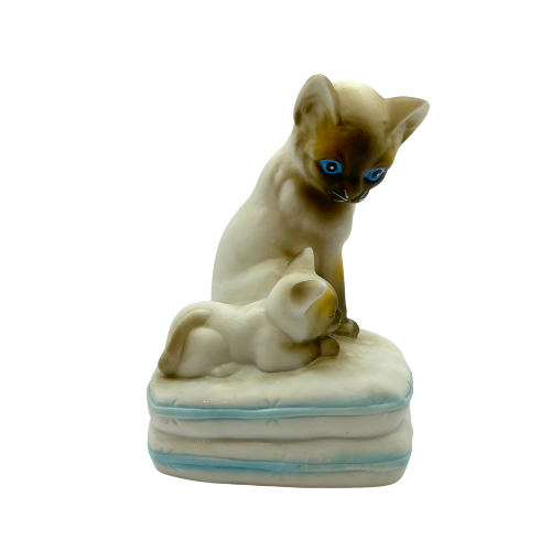 Vintage Siamese Cat and Kitten Music Box Mann Porcelain Figurines Sitting on Pillow