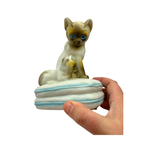 Vintage Siamese Cat and Kitten Music Box Mann Porcelain Figurines Sitting on Pillow