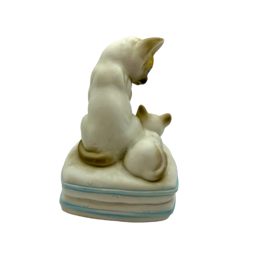 Vintage Siamese Cat and Kitten Music Box Mann Porcelain Figurines Sitting on Pillow