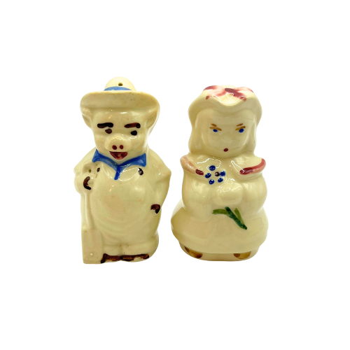 1940s Shawnee Pottery Salt and Pepper Shakers Nursery Rhyme Marriage Set Jill (Jack and Jill) Pig (3 Little Pigs)