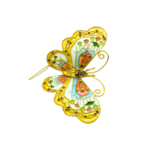 Vintage Butterfly Cloisonne Ornament Yellow Pink Blue with Hanging String