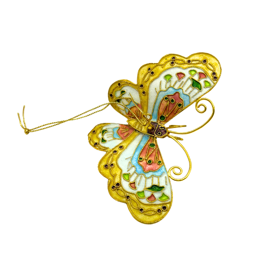 Vintage Butterfly Cloisonne Ornament Yellow Pink Blue with Hanging String