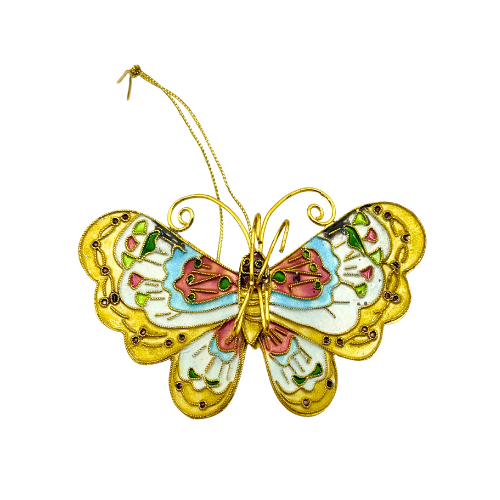 Vintage Butterfly Cloisonne Ornament Yellow Pink Blue with Hanging String