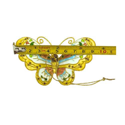 Vintage Butterfly Cloisonne Ornament Yellow Pink Blue with Hanging String