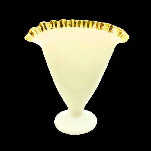 Vintage Fenton Glass Gold Amber Crest Milk White  Fan Vase 6.5" by 6"