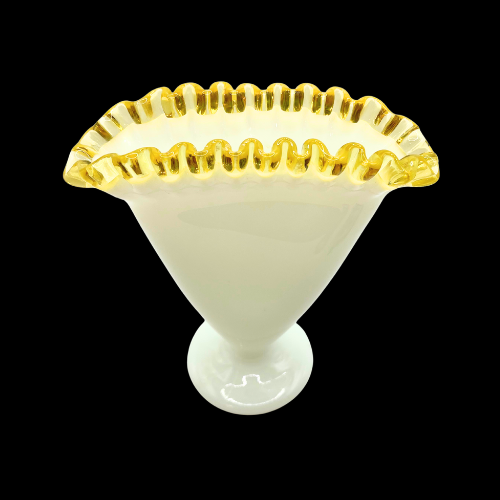 Vintage Fenton Glass Gold Amber Crest Milk White  Fan Vase 6.5" by 6"
