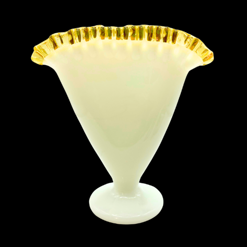 Vintage Fenton Glass Gold Amber Crest Milk White  Fan Vase 6.5" by 6"
