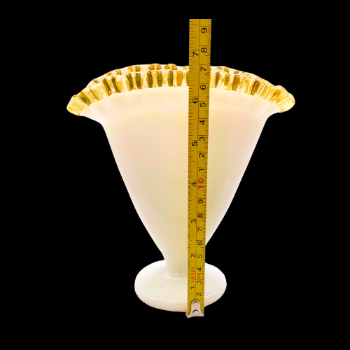 Vintage Fenton Glass Gold Amber Crest Milk White  Fan Vase 6.5" by 6"