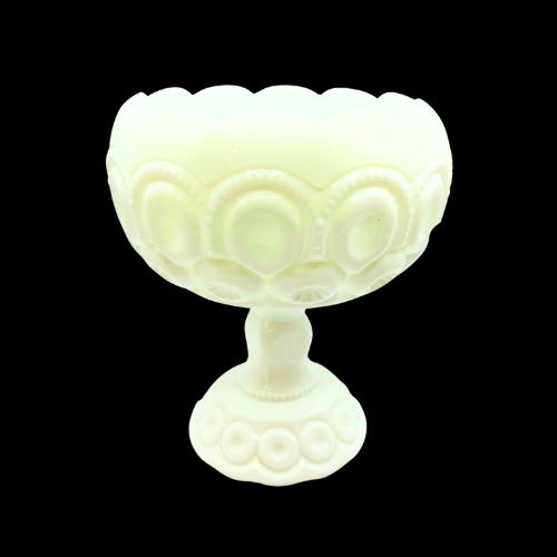MCM LE Smith Moon and Stars White Milk Glass Pedestaled Compote Decorative Curved Rim   Bowl