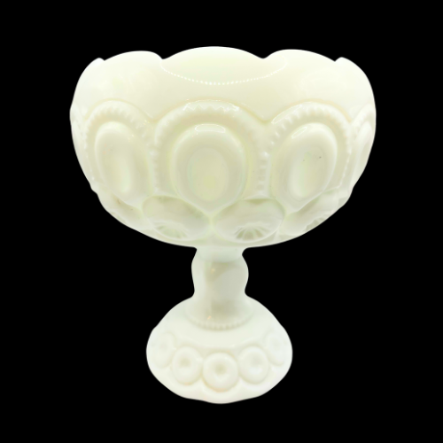 MCM LE Smith Moon and Stars White Milk Glass Pedestaled Compote Decorative Curved Rim   Bowl