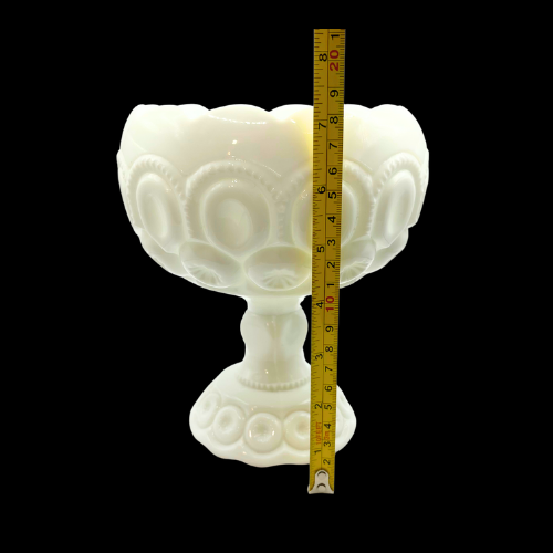 MCM LE Smith Moon and Stars White Milk Glass Pedestaled Compote Decorative Curved Rim   Bowl