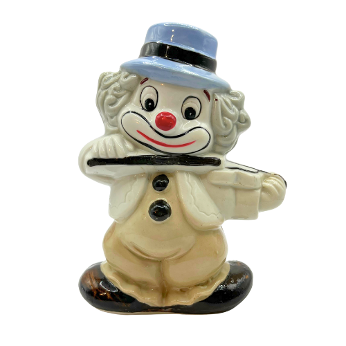 VTG Porcelain Two-Faced Clown Money Box Double Sided Happy/ Sad Playing Violin
