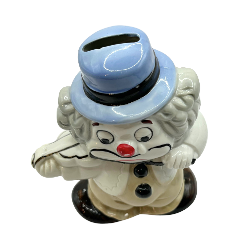 VTG Porcelain Two-Faced Clown Money Box Double Sided Happy/ Sad Playing Violin