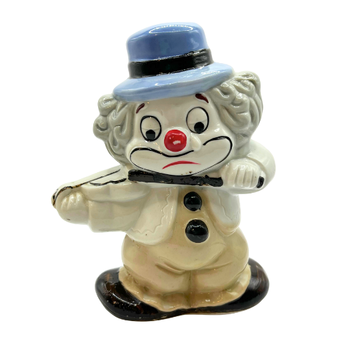 VTG Porcelain Two-Faced Clown Money Box Double Sided Happy/ Sad Playing Violin