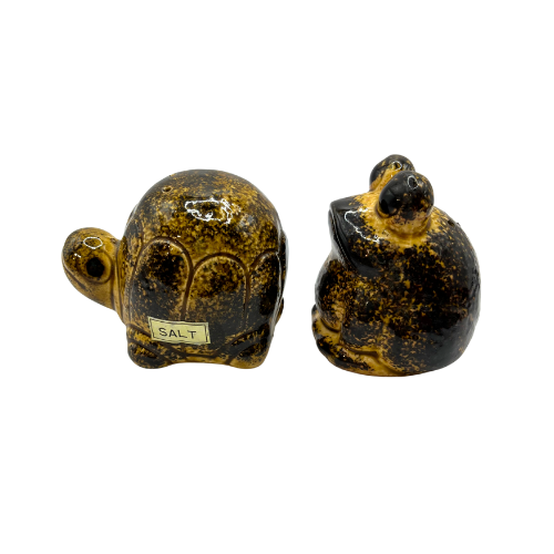 Vintage Turtle Frog Comb Salt And Pepper Shakers Japan Brown and Black Glaze