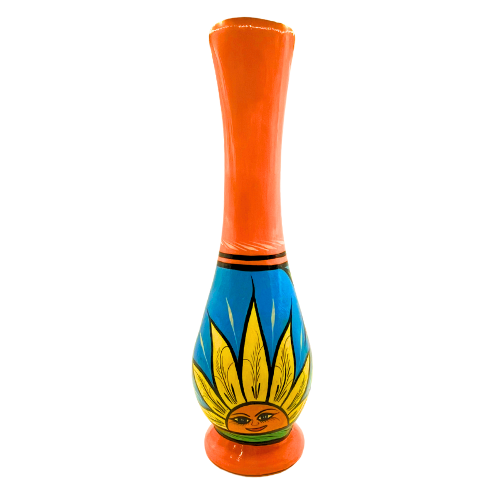 Mexican Terracotta Pottery Flower Bud Vase Folk Art Sunshine  Floral Orange Base
