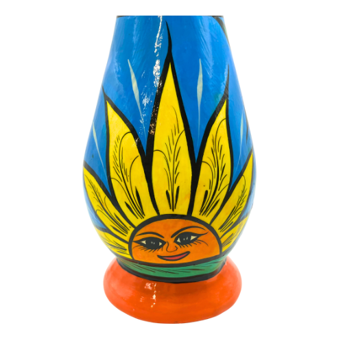 Mexican Terracotta Pottery Flower Bud Vase Folk Art Sunshine  Floral Orange Base