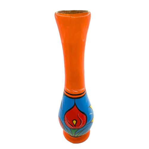 Mexican Terracotta Pottery Flower Bud Vase Folk Art Sunshine  Floral Orange Base