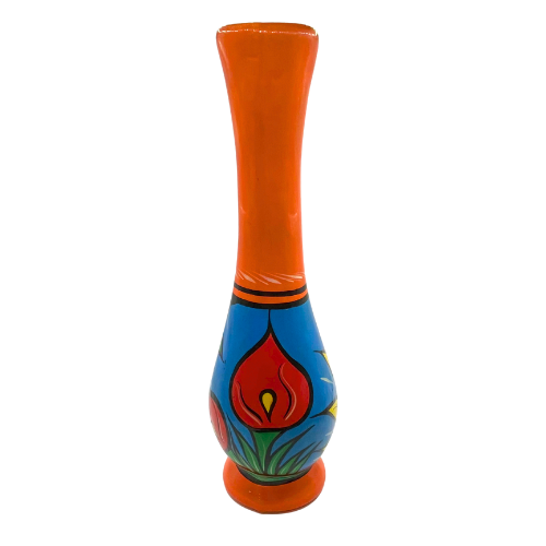Mexican Terracotta Pottery Flower Bud Vase Folk Art Sunshine  Floral Orange Base