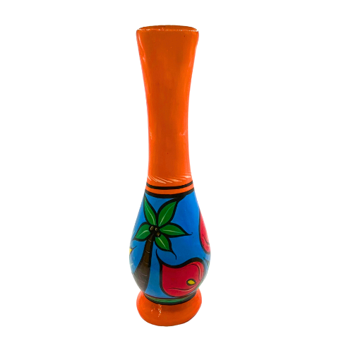 Mexican Terracotta Pottery Flower Bud Vase Folk Art Sunshine  Floral Orange Base